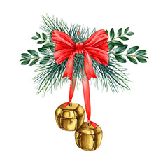 Vintage metal golden jingle bells with pine branches, red bow decor. Watercolor illustration. Hand drawn Christmas metal bells on the red ribbon element. Isolated on white background - obrazy, fototapety, plakaty