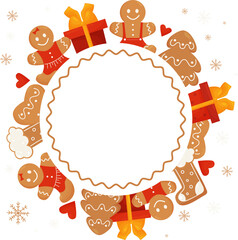 round frame withChristmas  Gingerbread, gingerbread man and box gift