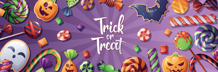 Halloween banner with cartoon holiday sweets and candies. Creepy dessert on Halloween party horizontal background. Holiday vector banner with Halloween spooky cookies treat, lollipop candy on a violet