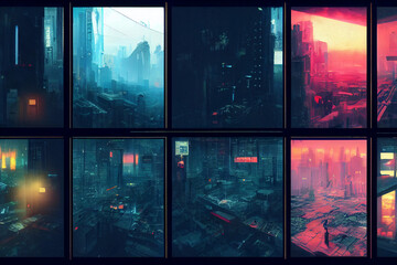 Digital illustration of cyberpunk city.