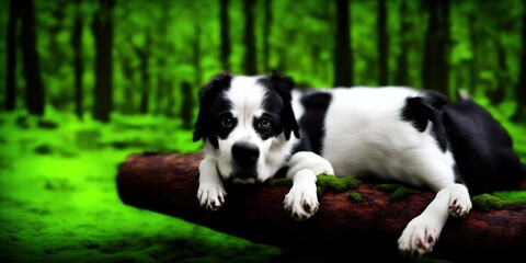 Sad dog in the woods. Adorable black and white purebred dog laying on a dead tree trunk covered with moss. Selective focus on the details, blurred background.. High quality Illustration