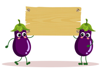 Two funny eggplants holding a empty wooden signboard