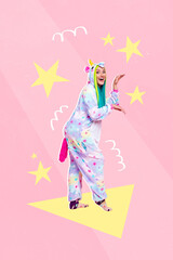 Vertical collage picture of cheerful positive girl wear unicorn costume pajama dancing painted stars isolated on pink background
