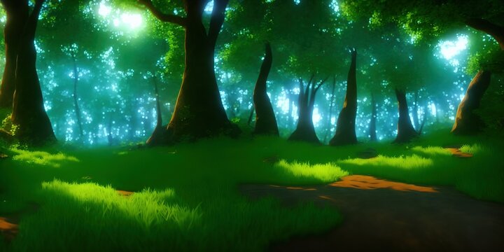 Bright fairy tale forest with copy space. High quality Illustration