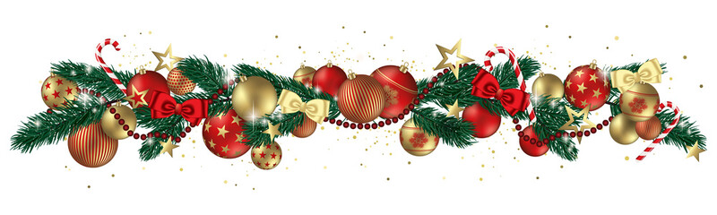Christmas balls stars and bows isolated on white background - design banner