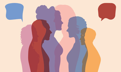 Speaking bubble. Crowd talking. Multi-ethnic and multicultural group speaking. Multiracial communication. Vector cartoon coloured profile. Social networking.