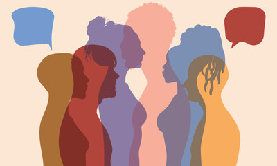 Social network concept. Coloured clouds. Multiethnic people talking.  Talking and communicating among diversity of people. 