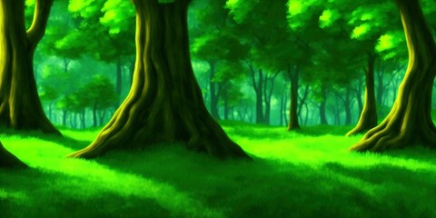 Tree trunks in a green forest. Forest tree trunks. Forest trees. Green forest scene. High quality Illustration