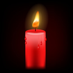 Beautiful Red burning candle. Realistic candle light and flame on dark background. vector illustration. EPS 10