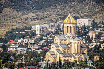 The Holy Trinity Cathedral of Tbilisi Georgia  - Sameba - main cathedral of the Georgian Orthodox Church - With golden dome