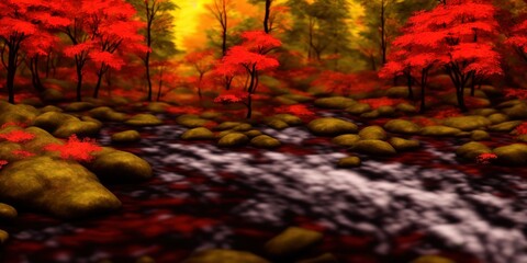 Autumn forest river stream landscape. High quality Illustration