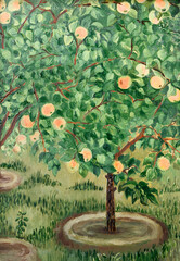 Painting oil on paperboard "Apple tree in the orchard on a summer day". Vertical composition.