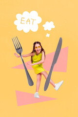 Vertical collage of overjoyed positive little girl dancing have fun big fork knife think eat food...