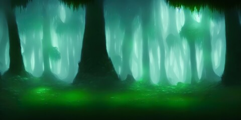 Magical glowing forest, dungeons and dragons fantasy concept art forest painting. Digital artwork, mysterious misty forest.. High quality Illustration