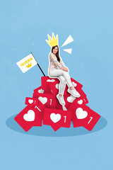 Vertical collage picture of positive little girl sit big pile stack like notifications wear drawing...