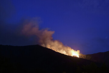 Fototapeta premium Forest fire with a large cloud of smoke rising through the night starry sky
