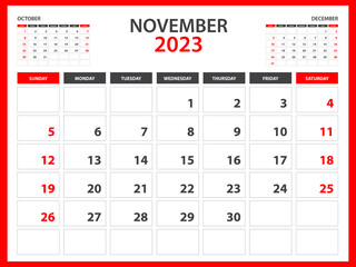 Monthly calendar template for 2023 year - November 2023  year, Week Starts on Sunday, Desk calendar 2023 design, Wall calendar, planner design, stationery, printing media, red background, vector