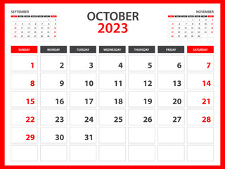 Monthly calendar template for 2023 year - October 2023  year, Week Starts on Sunday, Desk calendar 2023 design, Wall calendar, planner design, stationery, printing media, red background, vector