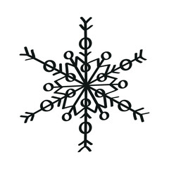 Monochrome illustration of snowflake in sketch style. Hand drawings in art ink style. Black and white graphics.