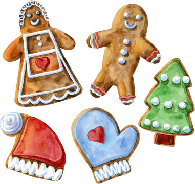 Set of Christmas cookies on an isolated white background, watercolor illustration, sweets.