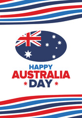 Australia Day. National happy holiday, celebrated annual in January 26. Australian flag. Patriotic elements. Poster, card, banner and background. Vector illustration