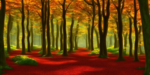 Path through an autumnal beech tree forest in Muziekbos woods, Ronse, Flanders, Belgium. High quality Illustration