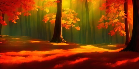 Naklejka na ściany i meble Fall nature. Fall forest. Forest with sunlight. Autumn tranquil background. Autumn scene.. High quality Illustration