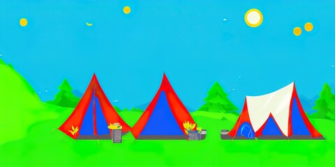 Camping and traveling, summer vacation and relax outdoors. Leisure and rest in nature. Campsite with tent for relaxing. Recreation and entertainment in mountains. Image in flat style. High quality