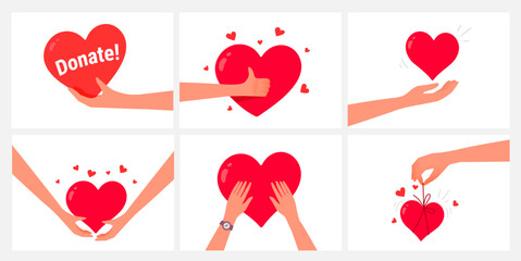 Charity hand give heart. Vector set of kindness donation illustration with people hand and red shape heart on white color background. Flat style romantic design of sharing love - obrazy, fototapety, plakaty