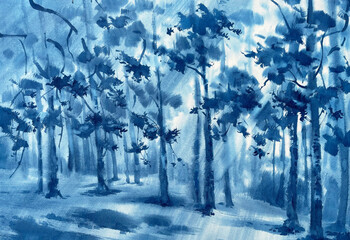 Pine tree forest in the mist watercolor background