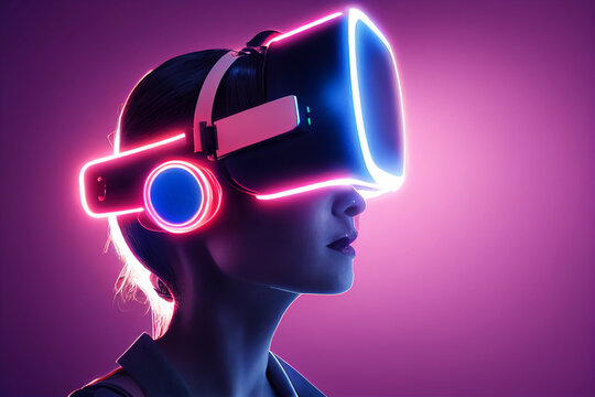 woman wearing virtual reality glasses VR headset, virtual reality, future technology concept. Asian woman using VR glasses in colorful neon lights