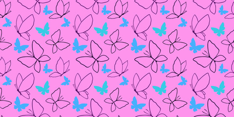 Vector seamless pattern with beautiful butterfly on pink color background. Colorful design of seamless pattern with line and flat butterfly