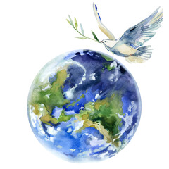 Peace On Earth. Flying white dove and olive branch watercolor illustration. Symbol of peace. white Pigeon isolated on white  - 536364695
