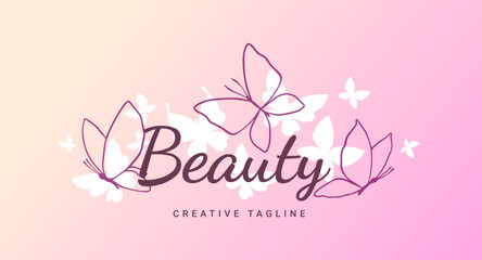 Vector illustration of beautiful line art butterfly on pink color background with word beauty. Template design with butterfly