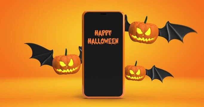 Halloween concept: 3D rendered spooky smiling orange pumpkins with black bat wings flying behind mobile phone, orange color background, copy space on device screen. Template for product display or mes