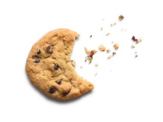 Bitten chocolate chip cookie. Isolated on white background.