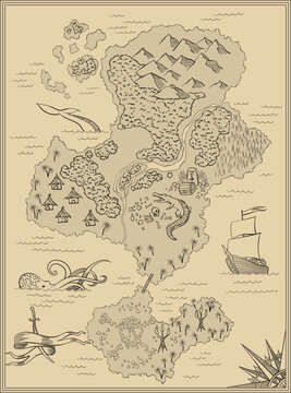 Cartoon island map template for next level game - adventures, treasure hunt. Pirate map with octopus, scorpion, sharks, snake, scull. Hand drawn vector illustration, vintage background