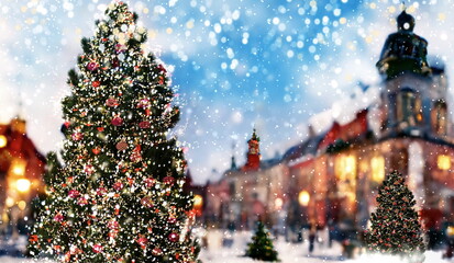 winter  city Christmas tree festive decoration , people walk on snowy stree in medieval old town greetings card template copy space wallpaper
Description141/20