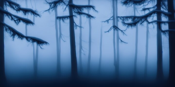 Winter dark creepy cold forest woods landscape photos with majestic trees and fog in foggy atmosphere as a fantasy painting and foliage. High quality Illustration