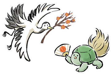 梅の枝と扇子で祝う鶴と亀　筆タッチ・手描き風イラスト