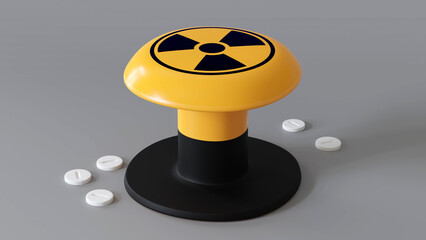 Nuclear yellow Start button with tablets for radiation. Russia vs Ukraine stop war, Russia and Ukraine. 3D render