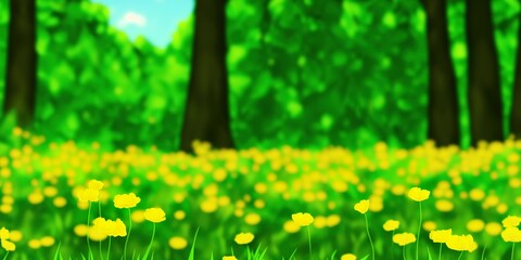 Yellow buttercup flowers with green leaves background in woods. High quality Illustration