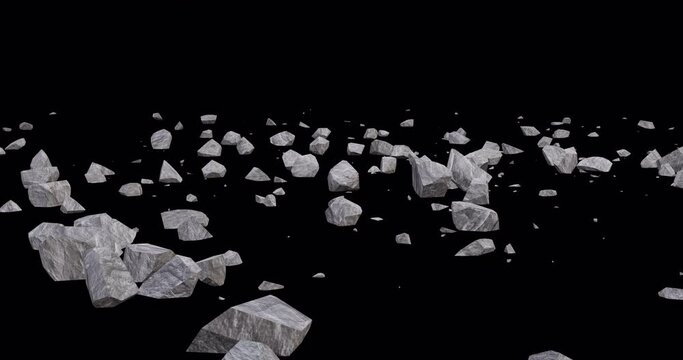 3d render of exploded rock or concrete pieces for collapse or explosion concept. Transparent background in mov format.