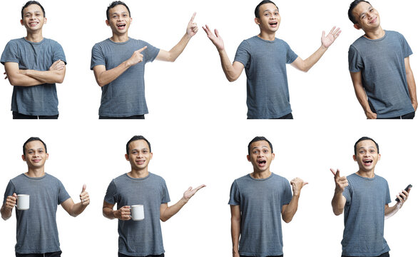 collection bundle images of happy face handsome asian man with various expression isolated on white background