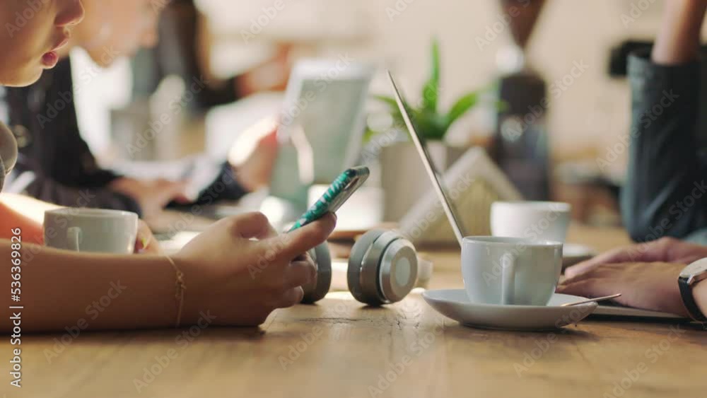 Aufkleber woman, phone and hands in startup while worker use laptop for conversation, discussion and planning.