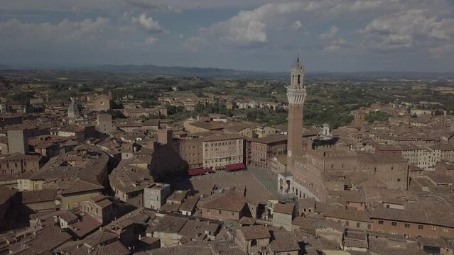 Siena Italy Cathedral Duomo in Tuscany, Drone Aerial footage during golden hour
