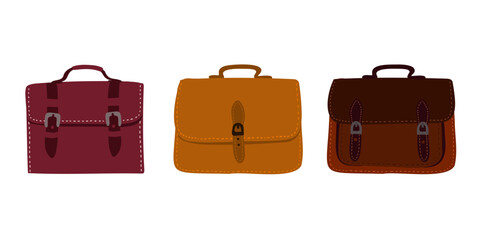 Set of colorful stylish cartoon female bags isolated on white background. Collection of luxury modern leather accessories.
Flat vector illustration