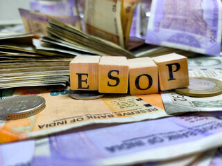 ESOP or employee stock ownership plan by letters on wooden beads or block with Indian rupee notes and coins.