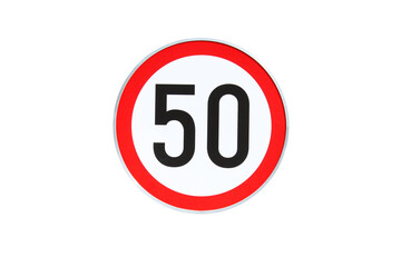 Red round road sign showing number 50. Maximum speed allowed