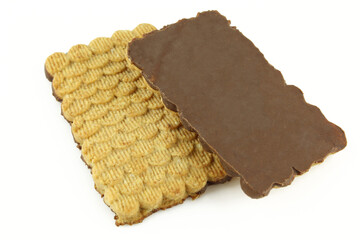 Two chocolate covered wafers isolated on white bakground. Tea biscuits